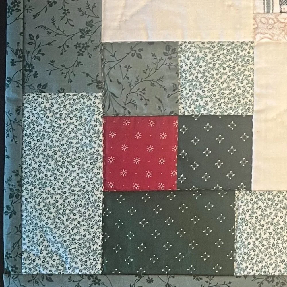 Handcrafted Hand Stitched Log Cabin Patchwork & Quilted White Stars Table Topper